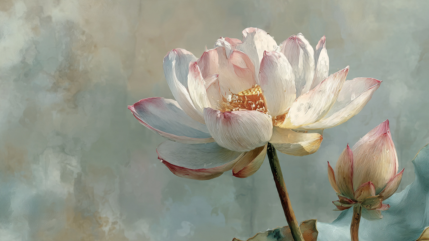 Open white lotus bloom with bud on sage background