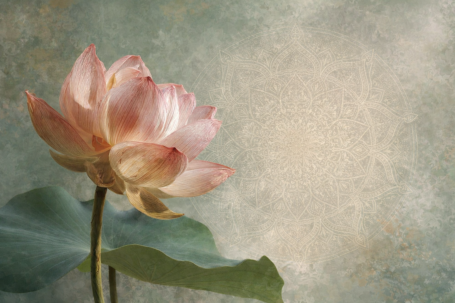 Single sacred lotus bloom on soft sage background