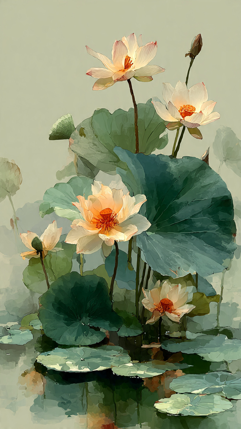 Ethereal lotus blossoms floating on still water